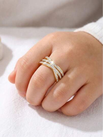 1 ชิ้น ชุดทองแดงสีทองประณีตขนาดเล็กพร้อมเส้นเซอร์โคเนีย เครื่องประดับแหวนตกแต่ง แหวนตกแต่งสำหรับเด็กชายและเด็กหญิง ของขวัญสำหรับเพื่อนและแฟน แหวน