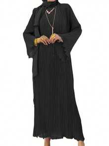 Women's Solid Color Pleated Abaya Dress, Modest Spring Black - Black - View 5