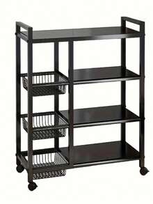 A 4-Layer Black Metal Storage Rack With Wheels - A Multi-Functional Vegetable Rack For The Kitchen And Pantry, Featuring 3 Metal Baskets, Kitchen Storage Items And Storage Cabinets - màu đen - Xem 10
