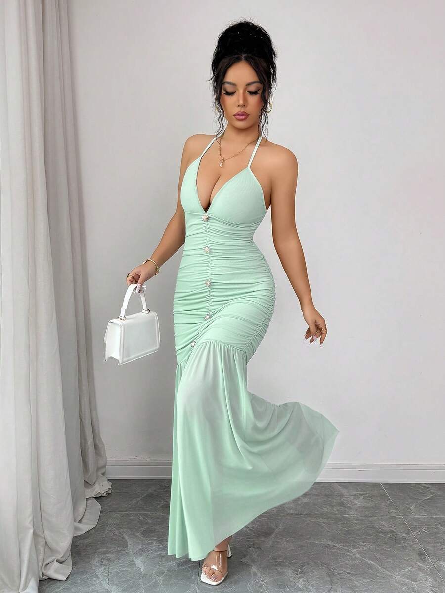 Women's Sage Green Solid Elegant Sexy Y2K Halter Backless Deep V Neck Ruched Drawstring Button Front Sheer Mesh Hem Mermaid Bodycon Maxi Dress Spring Summer Party Wedding Guest Vacation Beach Prom Season Graduation Season Festival Season Spring Break Long Cami Dress - Pea Green - View 1