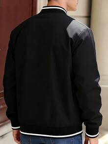 男款領口鈕扣棒球領戶外休閒夾克，加厚運動外套 - 黑色 - View 4