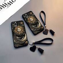 黑色直边日月图案手机壳，带挂绳 - 黑色 - 查看 4