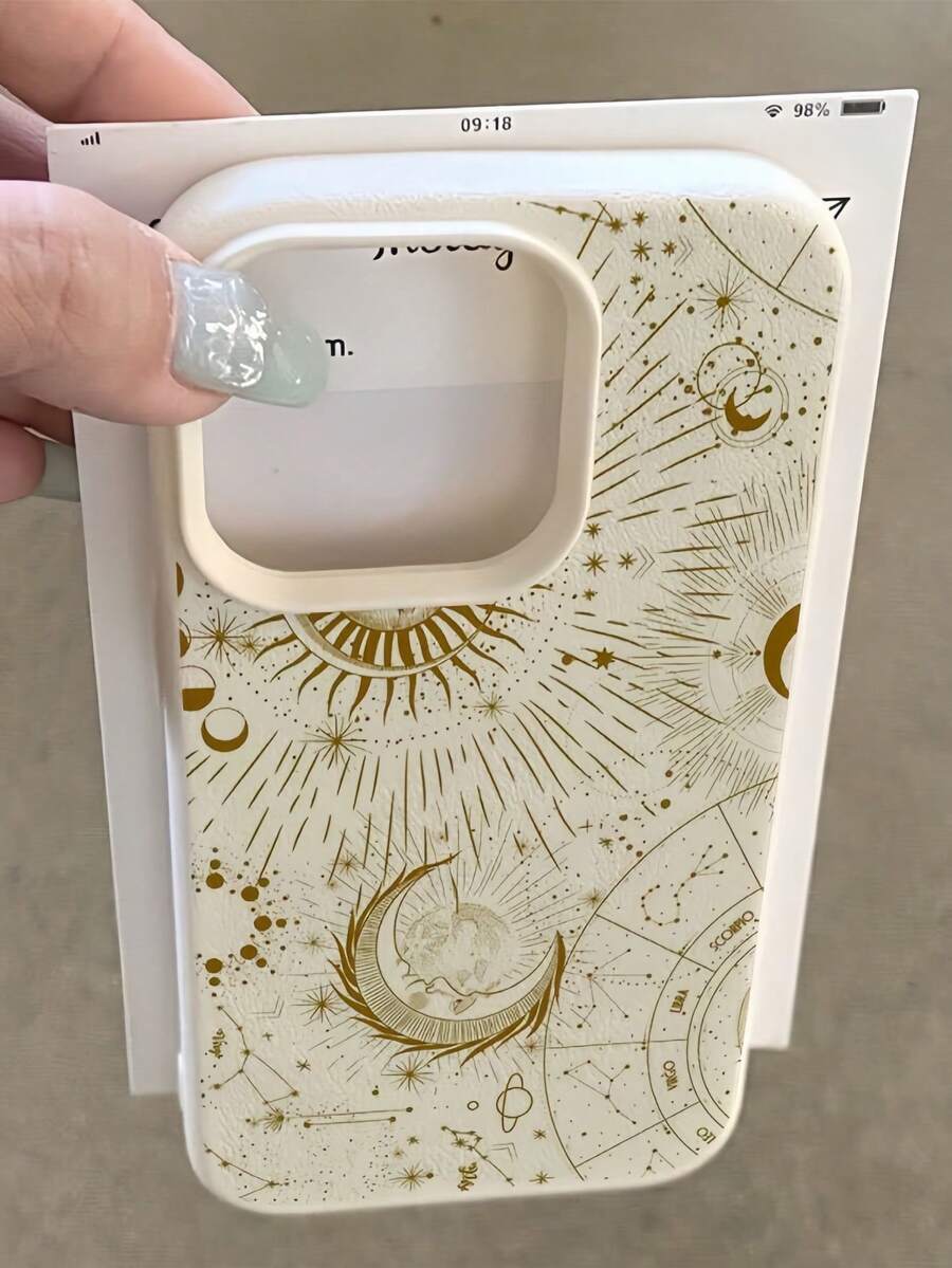 1 pieza Funda de teléfono con protección de lente de textura de litchi blanca mate minimalista con patrón de sol y luna de línea dorada, compatible con iPhone 16 Pro Max, 17/16/15/14 Plus, 13/12/11, Air, Series - Multicolor - Ver 1