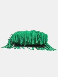 新款复古麂皮纯色流苏女士个性化手机包，港式西式单肩/斜挎包，百搭简约休闲通勤旅行购物日常轻便包 - 綠色 - 查看 8