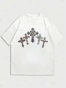 Fractyr 男士时尚休闲街头摇滚嘻哈宽松短袖T恤 | 十字架和圣母玛利亚印花 | 精致设计 | 春夏必备 | 百搭风格，复古风，百搭实用，纯棉舒适 | 送朋友的最佳礼物 | 展现独特个性 - 白色 - 查看 3