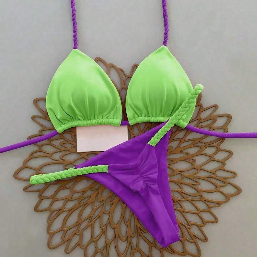 2pcs Casual Cute Elegant Sexy Bohemian Floral Tie-Up Braided Bikini Swimsuit, Beach Vacation, Spring/Summer - Multicolor - View 1