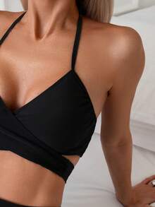 Bikini Set  Casual    Knitted Fabric    Backless  Ruched  Wrap    Women's Swimwear  Clothing  Vacation  Beach    Summer - màu đen - Xem 3