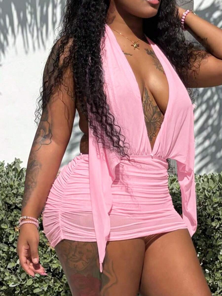 Women's Solid Color Halter Deep V Backless Ruffle Pleated Bodycon Mini Dress Pink Elegant Party Summer