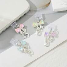 Cute Bow Phone Charm Dust Plug - Silver Metal Base With Colorful Star & Bowknot Design, Anti-Dust Phone Charging Port Pendant, Aesthetic Phone Accessory For Girls - Multicolor - View 2