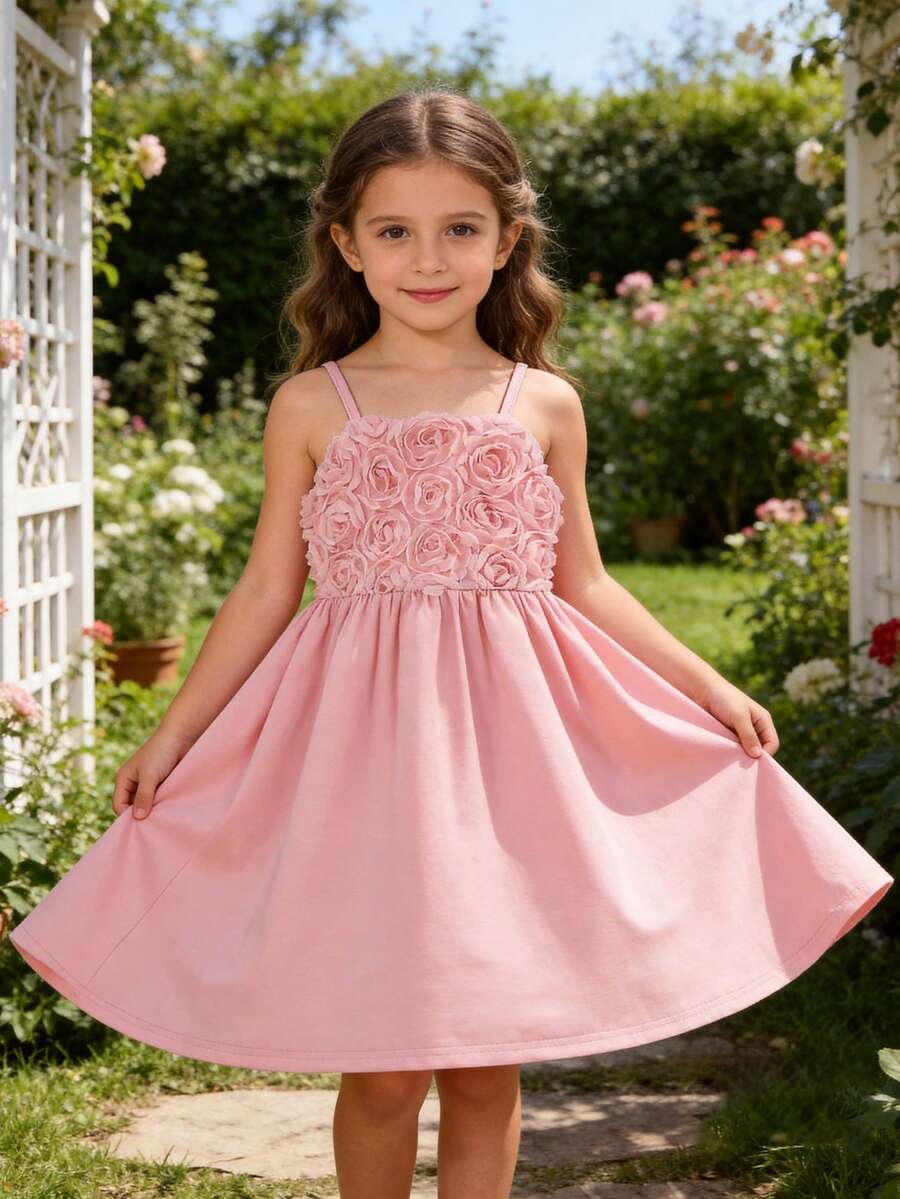 Young Girl's Casual Minimalist Dopamine Outfit Cute Style 3D Floral Design Camisole Pink Dress, Spring/Summer