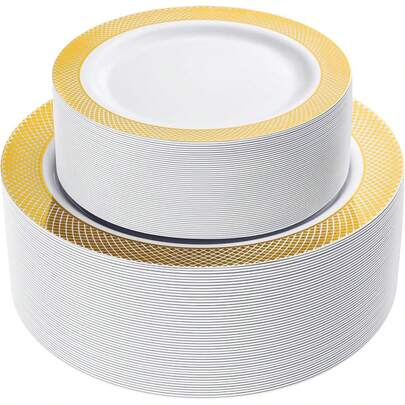 50/25/10pcs Gold Rimmed Plates, White Base With Gold Floral Pattern, Suitable For Pasta, Salad, Reusable Party Plates, Elegant Dinnerware For Valentine's Day Party, Birthday, Wedding, Outdoor Picnic, Team Building, Campus Events, Buffet