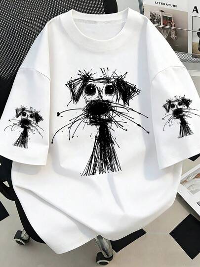 Women's Plus Size Dog Graphic Tee, Casual Short Sleeve Round Neck T-Shirt, Regular Length High Stretch Fabric Top Vacation White Summer