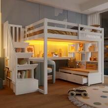 140x200 Loft Bed With Desk And Shelves, Two Integrated Drawers, Storage Stairs, White - White - View 5