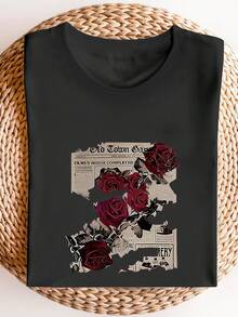 女士趣味玫瑰报纸印花T恤，韩版复古休闲通勤百搭Y2K风格，街头时尚小众朋克摇滚图案T恤，可机洗短袖T恤 - 黑色 - 查看 4