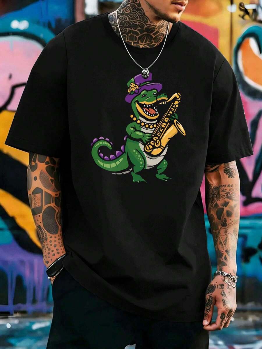 OVERSIZED Funny Jazz Saxophone T-Shirt With Alligator, Premium Cotton, Crew Neck, Comfortable Fit, Street Hip-Hop. - Black - View 1