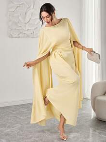 Women's Elegant French-Style Romantic Long Dress – Smooth Fabric, Pleated Details, Cinched Waist At Back, Flared Skirt, Long Sleeves & Slit Cuffs, Ideal For Afternoon Tea Gatherings, Parties & Middle Eastern-Inspired Occasions - Pale Yellow - View 3