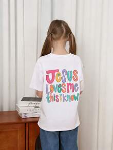 Tween Girl "Jesus Loves Me" Slogan Print Round Neck T-Shirt, Summer Top - White - View 2
