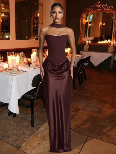 Maggie Women Sexy Strapless Maxi Dress Bodycon Summer Stain Draped Long Dress Brown Lace Up Back Elegant Birthday Evening Cocktail Party Dress