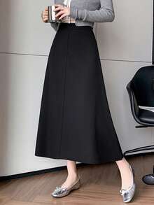 1pc Women's High Waist A-Line Skirt, Flattering Flared Design, Versatile Suit Skirt - Black - View 6