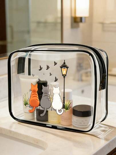 Tre söta små kattmönster tryckta PVC-necessärer, PVC-reseorganiseringspåse med dragkedja - Lätt, blekningsbeständig smink- och necessär för kvinnor och flickor, reseförvaring, TSA-godkänd bärbar kosmetikväska, lätt att torka ren design, kosmetisk väska för mamma, lärare, vän, sjuksköterska, kosmetisk väska, presentväska för kvinnliga vänner, reseväska för skollov, semester, skolstart, necessär, vattentät necessär