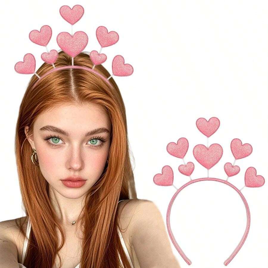 1Pcs Pink Heart Headband Valentines Party Decorations Glitter Love Heart Headbands Valentines Day Hair Hoop Hairband Fashion Non Slip Hair Accessories For Women Birthday Holiday Gifts - 情人節-4 - 查看 1
