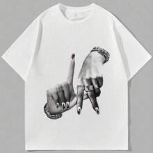 Oversized LA Hand Gesture & Letter Graphic Round Neck Short Sleeve T-Shirt, Casual Pullover Tee Women, Spring SummerWhite Top, Espresso Martini Trifecta Graphic For Girl Men T-Shirt Women's Casual Short Sleeve Crew Neck T-Shirts - Perfect For Holiday Season And Outdoor Activities - 黑色 - 查看 7