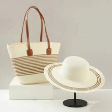 Conjunto de bolso y sombrero tejido de paja de gran capacidad, sombrilla de viaje al aire libre, bolso de mano adelgazante con ala grande, estilo de bolso de cubo a la moda - Caqui de cinco granos - Ver 7