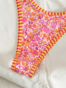 PEPPERMOLLY Bộ bikini in hoa màu cam và hồng rực rỡ - Bộ đồ bơi 2 mảnh dành cho nữ với viền sọc và điểm nhấn màu vàng, hoàn hảo cho kỳ nghỉ biển nhiệt đới và bơi lội mùa hè. - màu cam hồng - Xem 6