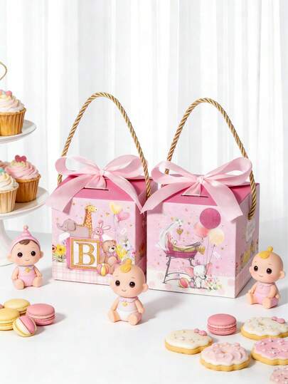 12pcs Elephant Themed Baby Shower Gift Box (With Handle) - Guest Favors, Girls Paper Gift Box (With Ribbon) - Baby Gender Reveal Party Supplies, Pink Elephant Shou Yue Gift Packaging Box