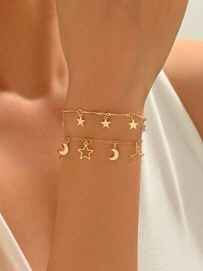 2pcs/Set Star & Moon Tassel Chain Bracelet, Fashionable Double-Layer Design, Suitable For Ramadan, Daily Wear, Dating, Photography. Handmade Chain Length Customized, Random Star & Tassel Quantity