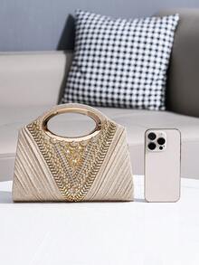 闪亮水钻装饰晚宴手拿包，手提亮片钱包，适合晚宴、派对、时尚等场合 - 金色 - 查看 5