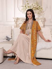 2026 New Style Ramadan Traditional Elegant Embroidered Beaded Dress With Tassel Trim, Short Sleeve Jalabia Dress - Apricot - View 10