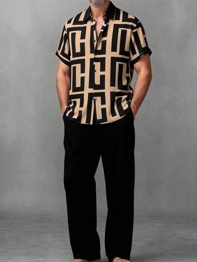 Men's Fashion Full-Zip Collar Random Print Shirt, Contrast Color Design Casual Short Sleeve Shirt, Paired With Solid Black Pants, Suitable For Daily Casual, Simple, Versatile Outings And Commuting, 2-Piece Shirt Set