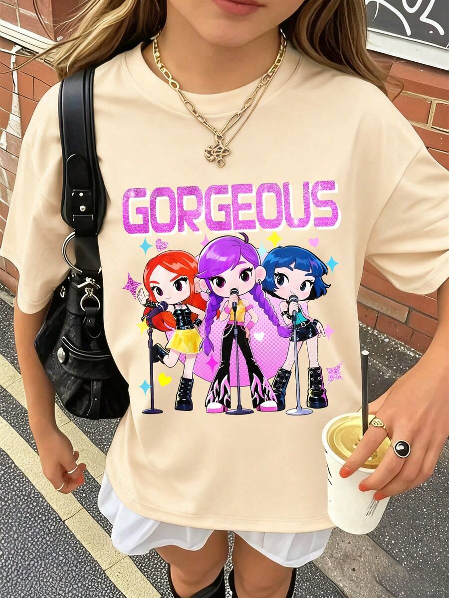 Teen Girls Cute Aesthetic Oversized T-Shirt, Cartoon Girl Group Print, "GORGEOUS" Slogan Accent, Loose Short Sleeve Top, Perfect For Friends Shopping - Apricot - View 1