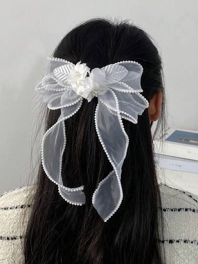 1件装女士时尚优雅白色网纱花朵蝴蝶珍珠发夹，适合日常、节日、婚礼、派对等场合。