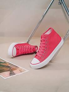 Unisex Simple Fashion Flat Basic Black & White High-Top Canvas Shoes - Dragon Fruit Red - View 3