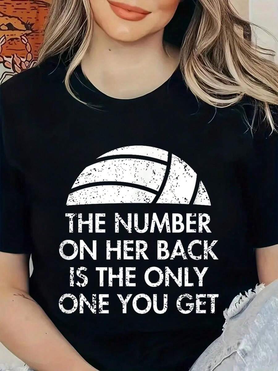 Volleyball Dad Mom Daughter Funny Back Number Design T-Shirt, Graphic Tees Women - Black - View 1