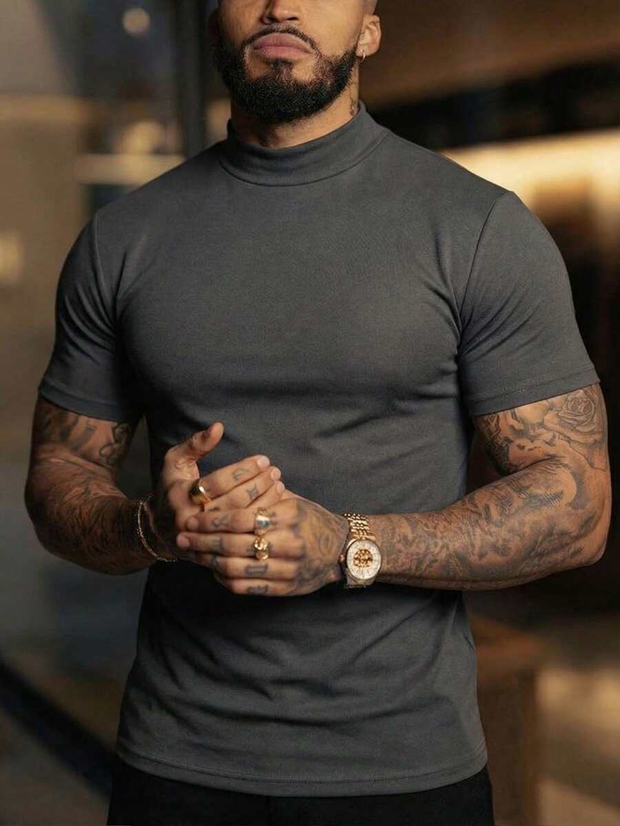 Men's Casual Versatile Daily Commute Solid Color Turtleneck Short Sleeve T-Shirt, Spring/Summer - Dark Grey - View 1