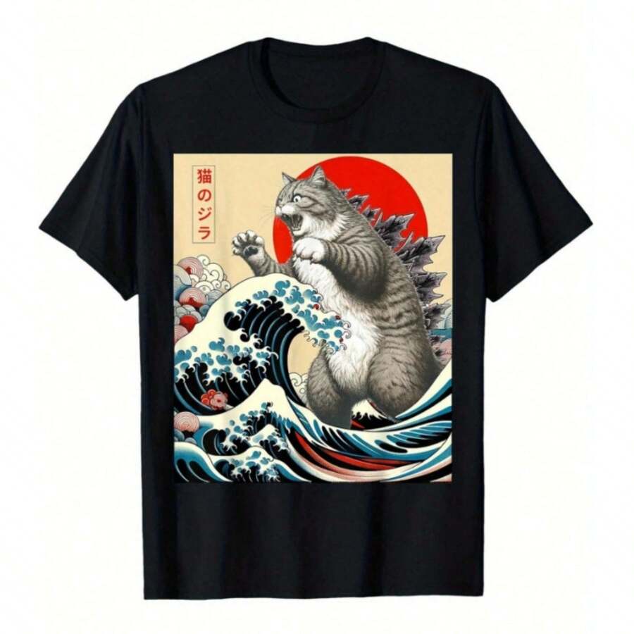 180GSM Pure Cotton Japanese Art Funny Cat Gifts T‑Shirt For Men And Boys, Cute Kitten Graphic, Soft Breathable Fabric, Artistic Casual Street Style - màu đen - Xem 1