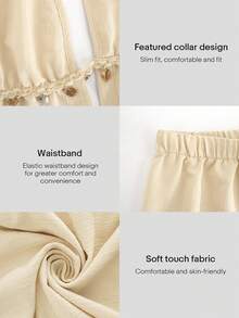 UMII 女士米色两件套露背吊带上衣，纹理面料饰有贝壳滚边和贝壳亮片流苏短裤，夏季波西米亚风海滩度假休闲装 - 杏色 - 查看 6