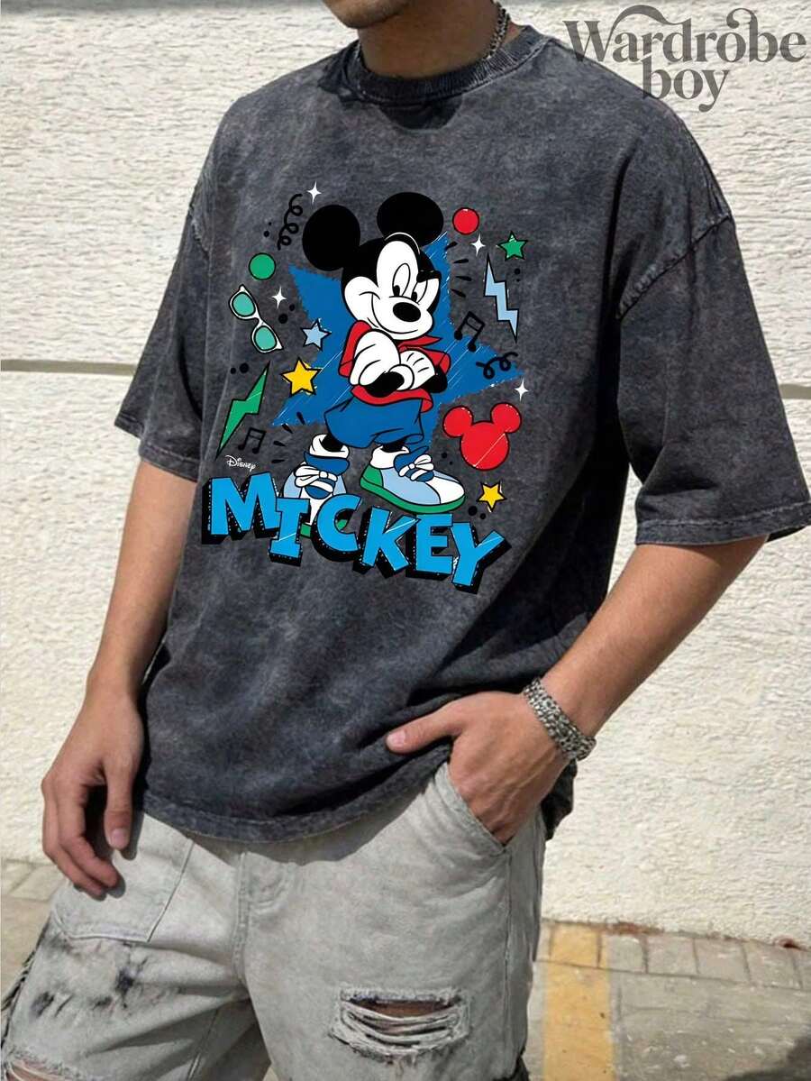 Disney Printed Wash Water T-Shirt,Disney Mickey Mouse Cool Men's Short-Sleeve Graphic T-Shirt,Unisex,High-Quality Pure Cotton T-Shirt,Suitable For All Seasons, Comfortable And Breathable| Exquisite Design | The Best Choice For Giving Gifts - 黑色 - 查看 1
