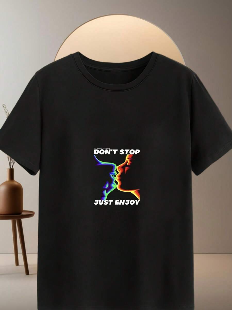Neutral Black T-Shirt, 220g, 100% Cotton, Bold "Don't Stop Just Enjoy" Pattern, Perfect for Casual Wear & Showcasing Personality - Negro - Ver 1