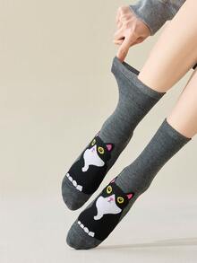 5双装女士卡通中筒袜，ins风，百搭，可爱猫咪动物图案，适合春夏穿着 - 彩色 - 查看 8