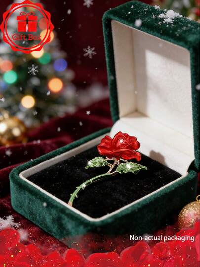 1件套18k镀金法式浪漫红玫瑰胸针，带礼盒，适合在圣诞节和情人节佩戴，也适合全年作为礼物赠送。