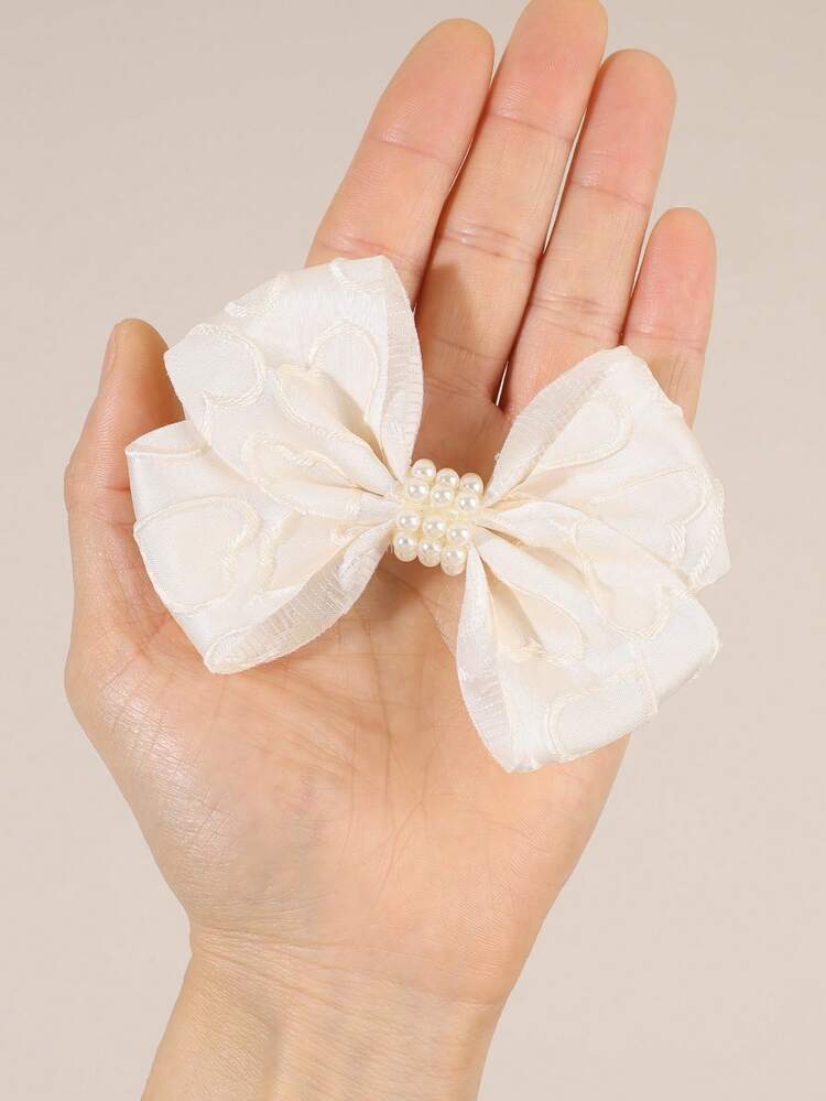 2pcs Elegant Beige Hair Bows For Girls 3D Heart Bow Alligator Clips Glossy Pearls Hair Clips Solid Color Barrettes Delicate Dsily/Present Hairpins Teens Hair Accessories - Beige - View 3