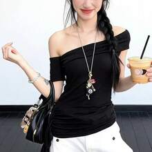 辣妹風露肩蝴蝶結時尚簡約休閒上衣 女款夏季露背百搭短袖純色黑色 - 黑色 - 查看 4