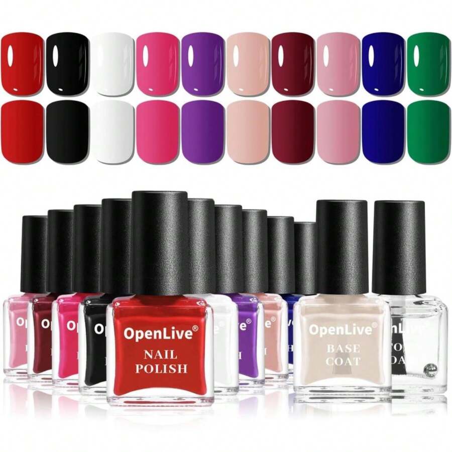 OpenLive 12 PCS Nail Polish Kit With 10 Colors As 2 PCS BASE And TOP Coat Green Blue Red Pink Collection Gifts For Women. - ColorA - 查看 1