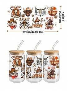 4张西部牛仔竞技场UV DTF转印贴纸，适用于16盎司Libbey玻璃杯（尺寸9.4x4.3英寸），包含牛仔靴、骷髅头、粉色蝴蝶结、绿松石色等西部主题图案，无需加热即可转印。 - Western Cowgirl 02 - 查看 4