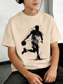T-shirt décontracté imprimé pour garçons, Top de sport à manches courtes thème basketball, confortable et doux, vêtements pour adolescents, T-shirt décontracté pour garçons, convient pour le port en été - Nude - Voir 8