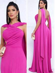 Elegant Long Party Dress With Shaping Cups | Premium Flowy Wedding/Graduation Bridesmaid Dress, One Size Fits 38 To 44, Casual, Party/Beach - 玫紅色 - 查看 2
